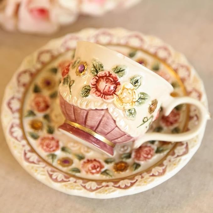 Ceramic Coffee Mug and Saucer Set for Women, Vitorian Hand-painted Rose Flower Tea Cup - 3oz(Red)