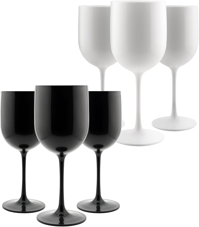 FOX & GRAPES Plastic Stemmed Wine Glasses | Unbreakable/Shatterproof, Reusable, Food Safe, Dishwasher Safe, For Birthday and Party, 16oz (Black, Set of 6)