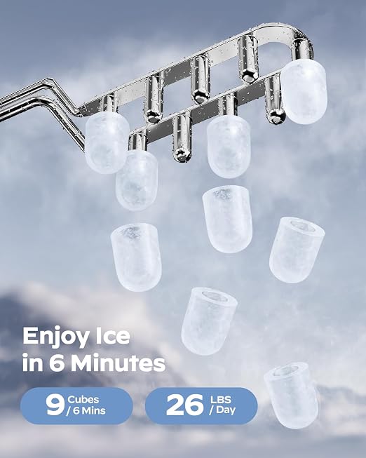 HOMEZAY Ice Maker Countertop, 9 Cubes Ready in 6 Mins, 26 lbs per Day, Ice Machine with 2 Ice Sizes and Self-Cleaning, Portable Ice Maker with Handle for Home, Kitchen, Camping, RV, Office, Black