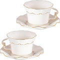 KAMMAK Tea Cups and Saucers Set of 2, 6.4oz Porcelain Coffee Cups with Saucers, Ceramic Espresso Mugs for Coffee, Latte, Americano, Tea, Elegant Teacup and Saucer (YFH16)