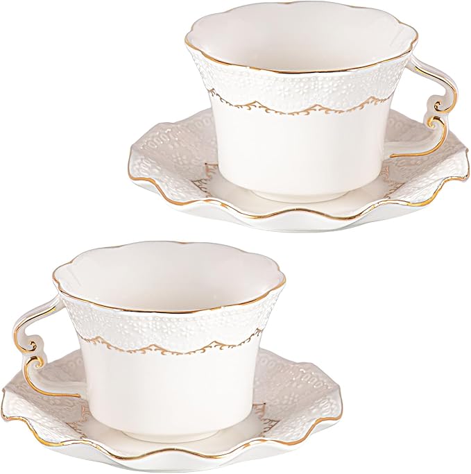 KAMMAK Tea Cups and Saucers Set of 2, 6.4oz Porcelain Coffee Cups with Saucers, Ceramic Espresso Mugs for Coffee, Latte, Americano, Tea, Elegant Teacup and Saucer (YFH16)