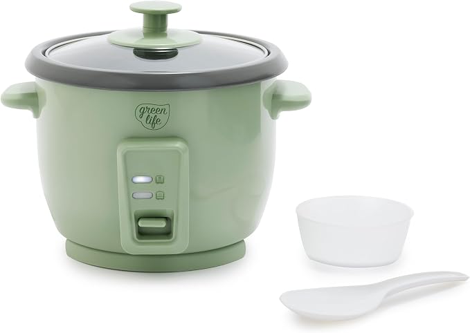 GreenLife Rice Cooker with Removable PFAS-Free Ceramic Nonstick Pot, 3-Cups Uncooked/6-Cups Cooked, Grains & Oatmeal Multicooker, Compact One-Switch Design, Auto Keep Warm, Easy Clean, Sage Green