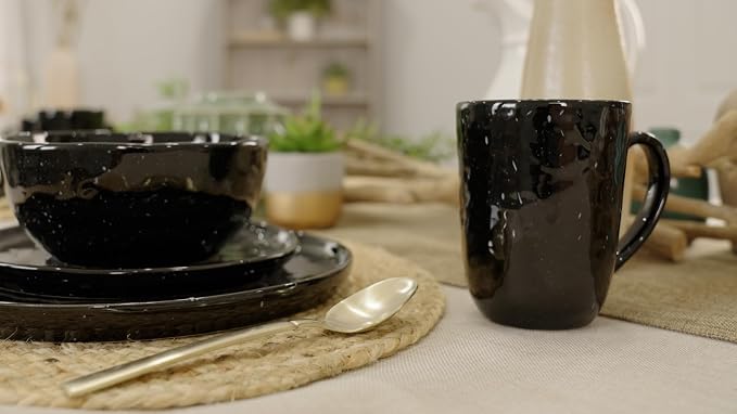 Elanze Designs Shiny Speckled Western Country Style Ceramic Plates Bowls Mugs Dinnerware 16 Piece Set - Service for 4, Black