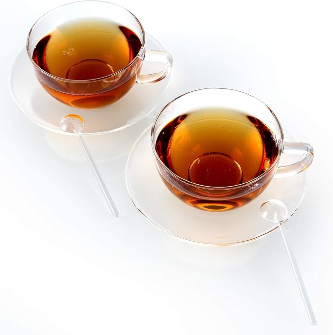 Teabloom Kyoto Teacup and Saucer Set 2-Pack – Medium Size – 8 OZ/ 240 ML Capacity – Crystal Clear Design – Premium Borosilicate Glass – Heat Resistant, Microwave Safe