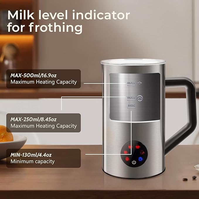 MAISON HUIS Milk Frother, 6-IN-1 Electric Milk Steamer, 20oz/591ml Hot & Cold Foam Maker for Latte & Cappuccino, 550W Fast Heating Stainless Steel Milk Steamer, Hot Chocolate Maker