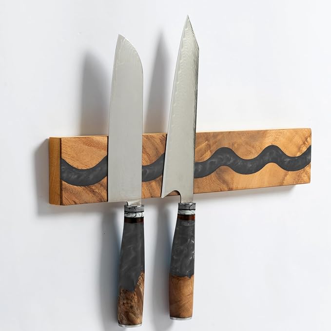 Wooden Magnetic Knife Holder with Black Resin for Wall, Wall Mounted Farmhouse Bar Kitchen Knives Organizer, Untensil Bar Storage and Spice Rack, 16 Inch
