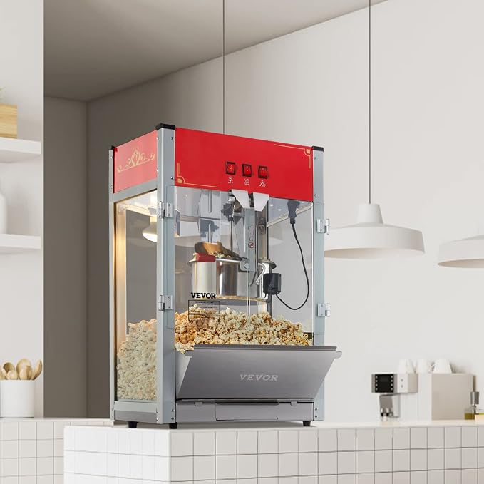 VEVOR Commercial Popcorn Machine, 12 Oz Kettle, 1440 W Countertop Popcorn Maker for 80 Cups per Batch, Theater Style Popper with 3-Switch Control Steel Frame Tempered Glass Doors 1 Scoop 2 Spoons, Red | 80 Cups per Batch, Theater Style Popper with 3-Sw...