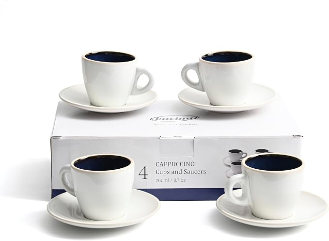 Bacimi® Cappuccino Cups and Saucers Set of 4 – 8.7oz Thick Barista Style Stoneware Cups - Blue Glaze Classic Italian Design - Ceramic Cups For Cappuccino, Latte, Tea – Dishwasher & Microwave Safe