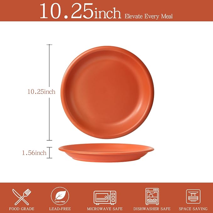 Timeworn Clay Dinner Plates, Set of 4, 10.25-Inch, Terracotta Red | Hand-Finished, Stoneware, Microwave Safe, Dishwasher Safe