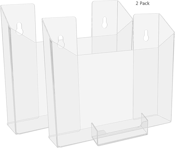 Marketing Holders 2 Pack Brochure Holder for 8.5" Wide Catalogs and 3.5" x 2" Business Cards Clear Acrylic Wall Mount Display Rack for Retail and Office and Flyers Hanging Hardware Included