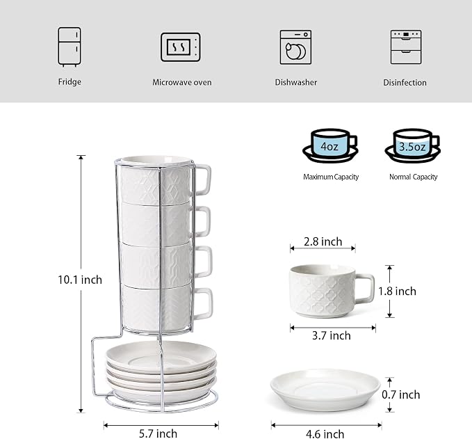 Sureasy 4 Ounce Ceramic Espresso Cups Set of 4 - Stackable Demitasse Cups with Saucers & Metal Stand, Coffee Cups for Latte, Tea, Dishwasher & Oven Safe, White