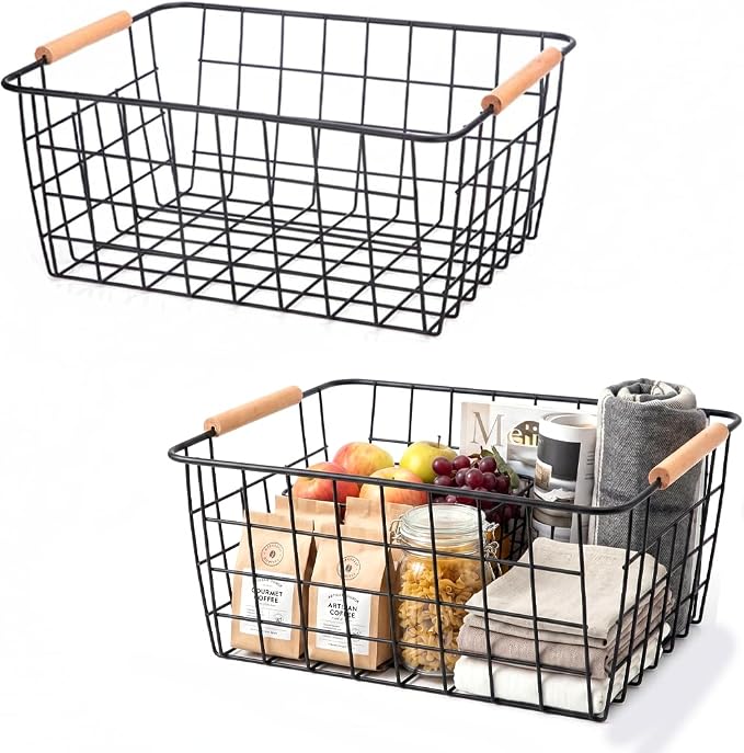 Metal Black Wire Basket,Food Storage Organizer with Wooden Handles, pantry organizers and storage for Kitchen shelf Cabinets potato onion, 2 Packs