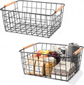 Metal Black Wire Basket,Food Storage Organizer with Wooden Handles, pantry organizers and storage for Kitchen shelf Cabinets potato onion, 2 Packs