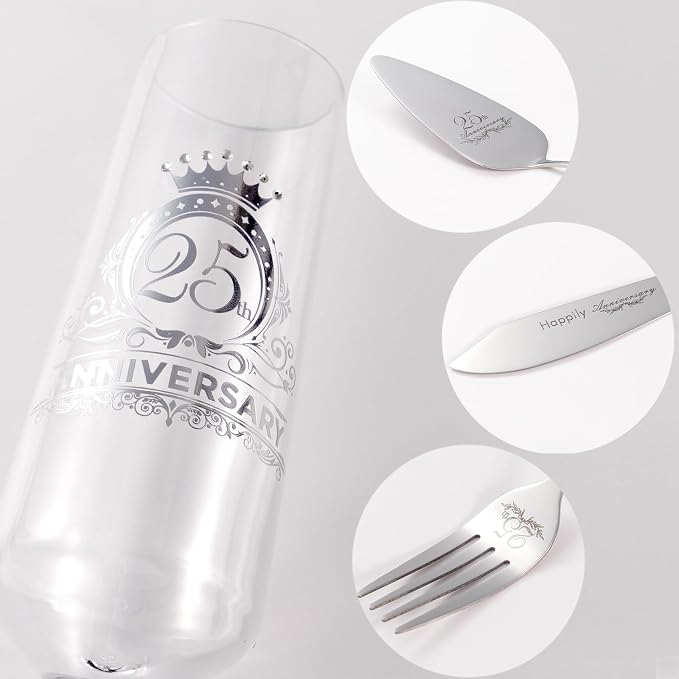 25th Anniversary Champagen Flutes Wedding Gifts for Couple, 25th Birthday Anniversary Decorations, Silver Cake Cutting Set for Wedding 25th Anniversary Presents