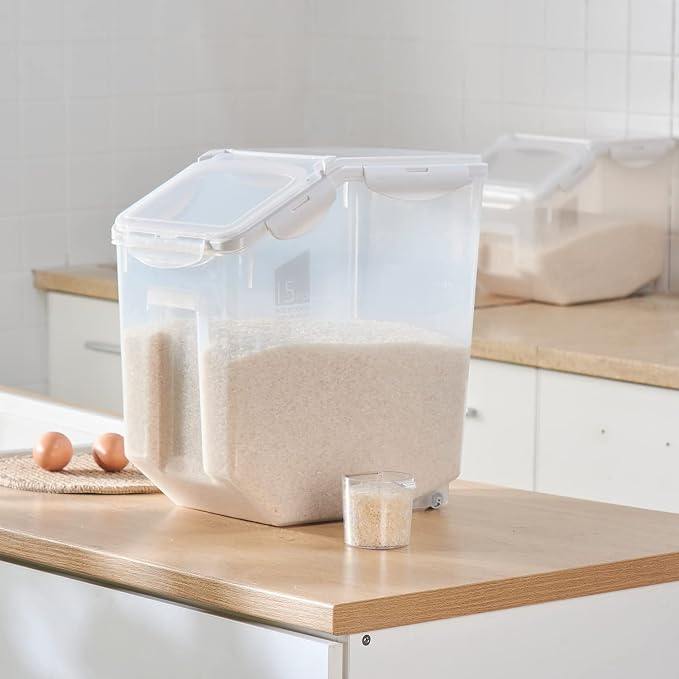 HANAMYA 15 Liter / 30 lbs Rice Storage Container with Measuring Cup, BPA free, For Rice | Grain | Pet Food | Flour, 1 count, Clear