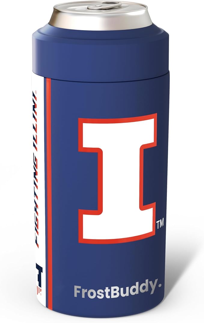 Frost Buddy NCAA Universal Buddy - Fits all - Stainless Steel Can Cooler for 12 oz & 16 oz Regular or Slim Cans & Bottles - Stainless Steel (Illinois Fighting Illini)