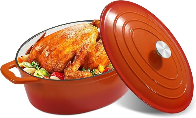 Enameled Oval Dutch Oven Pot with Lid, 8 QT Cast Iron Dutch Oven with Dual Handles for Cooking, Bread Baking, Frying, Non-stick Enamel Coated Oven (8 QT Orange)