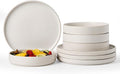 Famiware Star 8-Piece Stoneware Dinnerware Sets for 4 – 23 oz Shallow Pasta Bowls and 10.5" Flat Dinner Plates, High Edge Dishes, Chip & Scratch Resistant, Microwave & Dishwasher Safe, Matte White