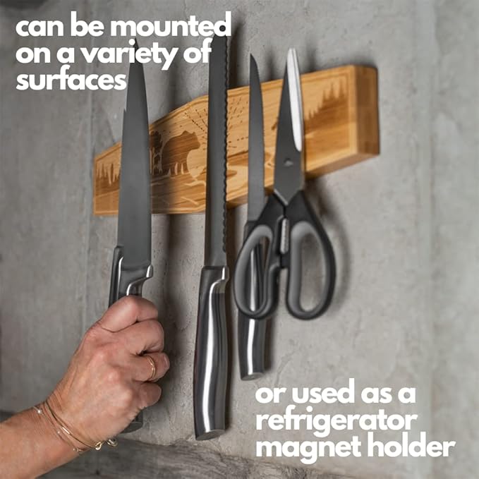 16" Premium Mangetic Knife Holder for Wall - Strong Heavy-Duty Engraved Magnet for Knives - Wall or Refrigerator Kitchen Magnetic Knife Stripe - Designed in U.S. (Bear)