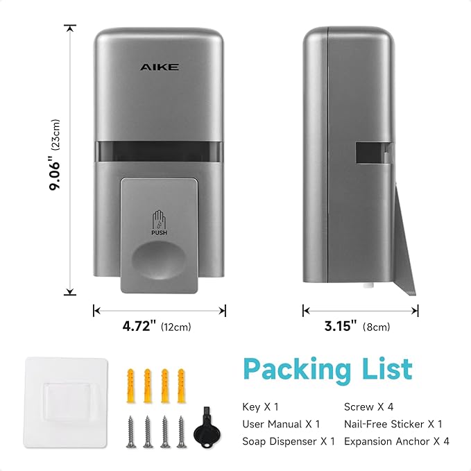 AIKE Wall Mount Liquid Soap Dispenser, 27oz Large Capacity with Extended Pump for Commercial Bathrooms,AK1008(Silver)