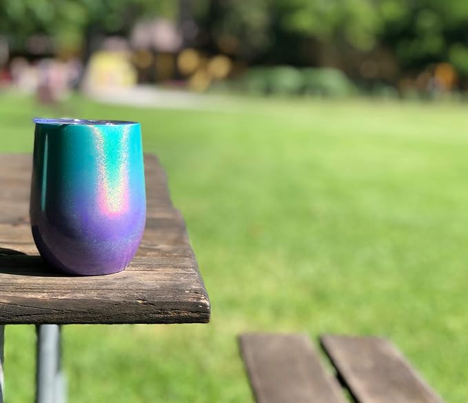CHILLOUT LIFE 12 oz Stainless Steel Wine Tumbler with Lid - Double Wall Vacuum Insulated Wine Cup Glass Keeping Cold & Hot for Coffee, Champagne, Cocktails, Ice Cream - Mermaid Sparkle