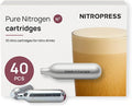 NitroPress Pure Nitrogen Cartridges - Not for Whipped Cream, N₂ Cartridges for Cold Brew - 40 Pack Food-Grade Nitrogen Chargers for Nitro Cold Brew Coffee, Cocktails, Tea, Beer, Matcha