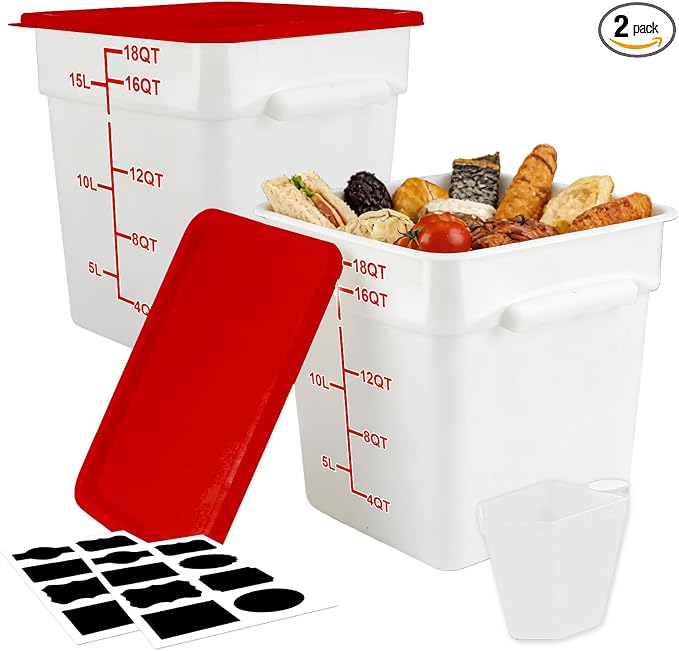 2 Pack Square Food Storage Container With Lid,12-22 Quart Commercial Storage Box With Scale & Handle,Cake Making,Dough Marinating Meat,Kitchen Supplies (Polypropylene, 19 Quart)