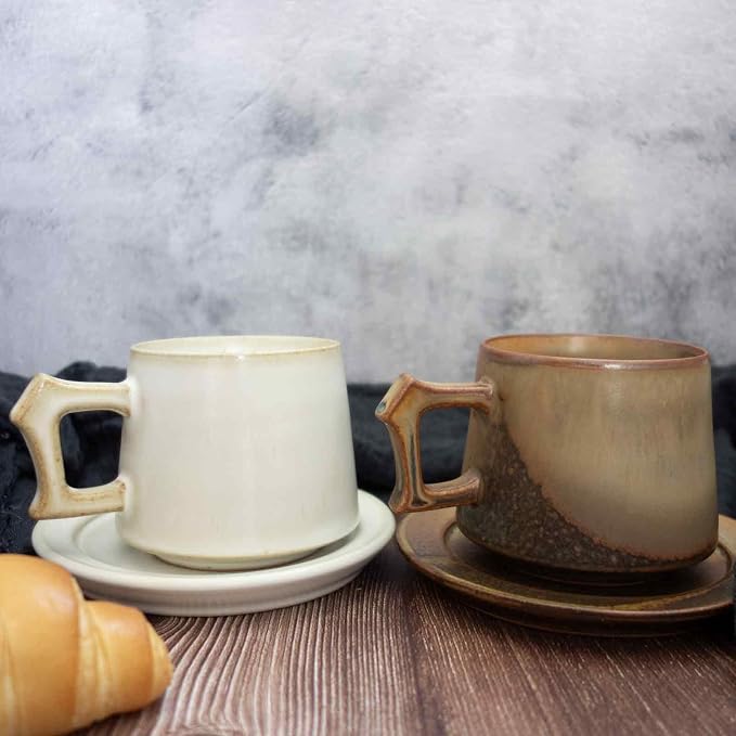8oz Rustic Glaze Stoneware Coffee Cup & Saucer, Vintage Ceramic Mug Set, Microwave & Dishwasher Safe, Novelty Aesthetic Tea Cup, Unique Gifts Men and Women