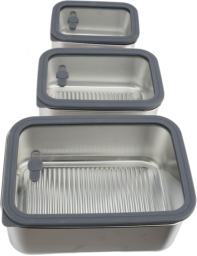 3PCS Food Storage Container Set 304 Stainless Steel Food Prep Container Lunch Box with Airtight Glass Lid for Kitchen