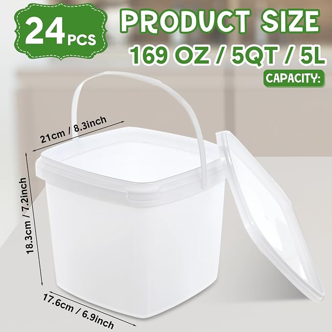 Mifoci 24 Pack5 Qt/169 Oz/5 L Thicken Plastic Buckets with Lids & Handles, Ice Cream Container, Food Grade, Freezer Safe, Sealable Square Reusable Storage Bucket, All Purpose Pails for Soup Fruit Deli