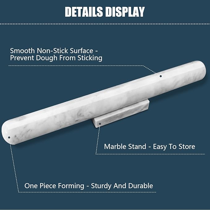 Marble Rolling Pin with Stand, 15.7" White Stone French Heavy Polished Non Stick Cookie Pizza Pastry Dough Baker Roller for Kitchen Baking