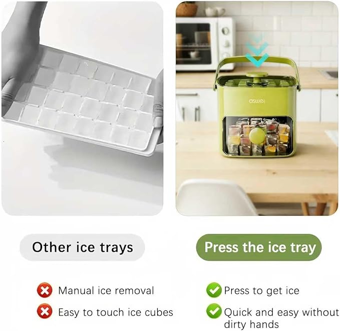 Compact Ice Cube Tray with Lid and Bin, Mini Press-Type Ice Cube Maker for Freezer, Space-Saving Small Ice Bucket with Tongs for RV, Office, Mini Ice Cube Trays & Water Bottles, BPA-Free (Green)