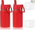 Volhoply 14oz Water Bottle with Straw Lid and Silicone Boot Bulk 2 Pack,Stainless Steel Insulated Cups for Boys & Girls Multipack,Double Wall Vacuum Leakproof KIds Bottles(Red,2)