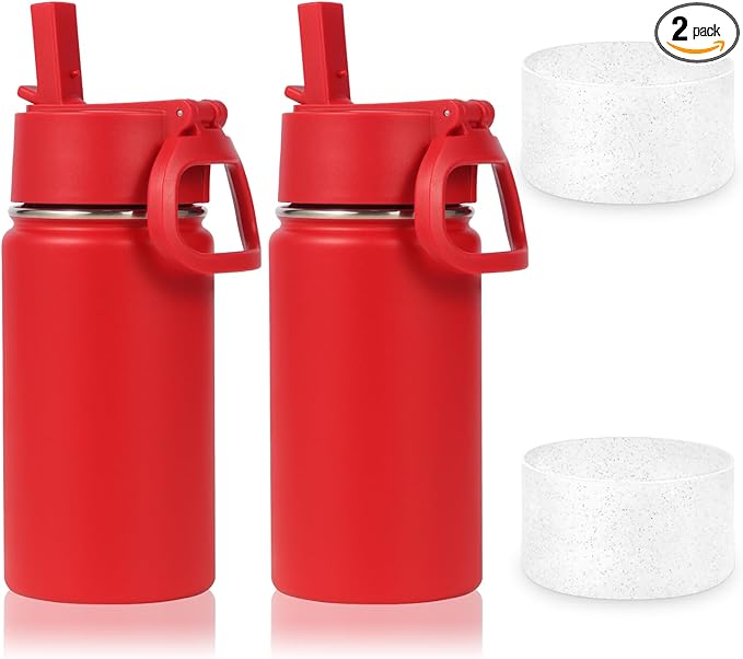 Volhoply 14oz Water Bottle with Straw Lid and Silicone Boot Bulk 2 Pack,Stainless Steel Insulated Cups for Boys & Girls Multipack,Double Wall Vacuum Leakproof KIds Bottles(Red,2)