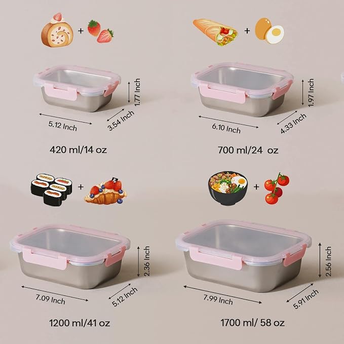 Cuiselect 8 PCS Stainless Steel Lunch Box, 4-Size (58/41/24/14Oz) Stackable Metal Bento Boxes BPA Free Dishwasher Safe, Food Storage Containers, Leakproof Reusable Meal Storage for Work,Travel (Pink)