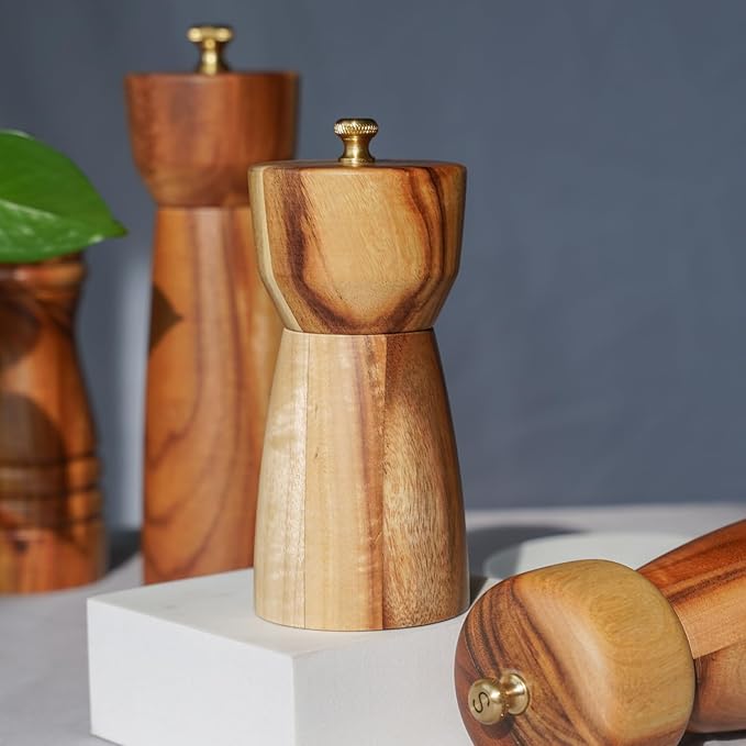 Pepper Grinder, Pepper Mill with Adjustable Stainless Steel, Acacia Wood, 14 cm/5 inch Height, Bottom Dia: 6 cm/2.36 inch (Tray is NOT Included)