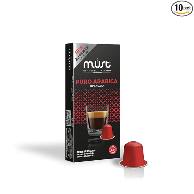 MUST, 100 Coffee Capsules in 100% Recyclable Aluminum, 100% Arabica Blend Intensity 6/8, 10 Packs of 10 Capsules, Compatible with Nespresso Machine, Made in Italy