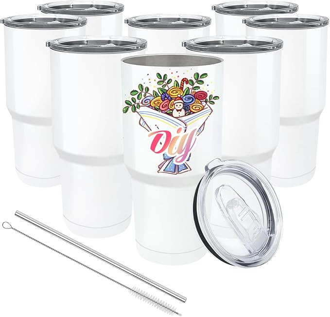 YOUKE OLA 8 Pack Sublimation Tumbler Blank White Bulk Stainless Steel Double Wall Vacuum Insulated Coffee Travel Tumbler Car Cups with Straws, 30oz