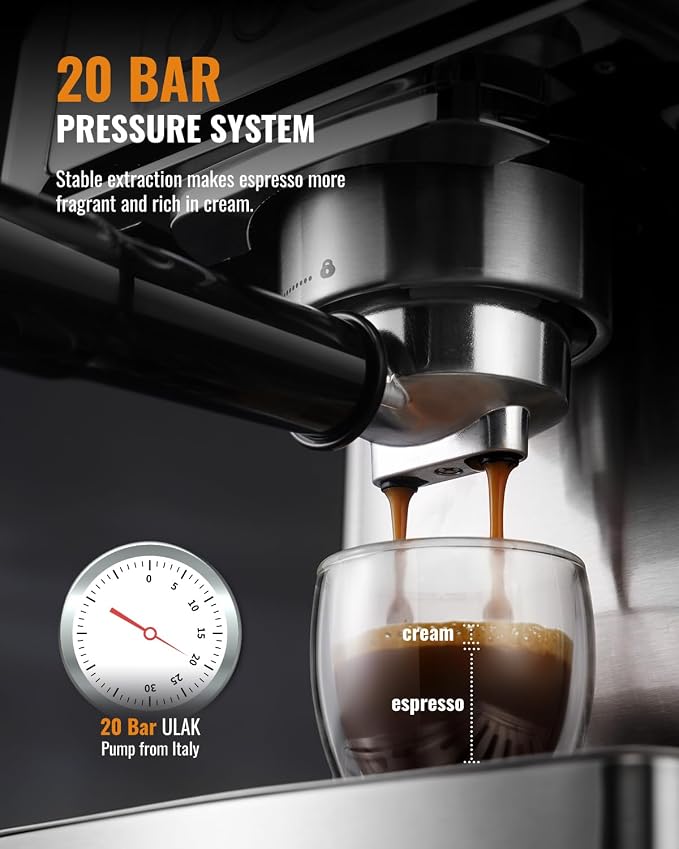 SHARDOR 20 Bar Espresso Machine for Home, Espresso Coffee Maker with Temp Display, Expresso Machine with Steam Milk Frother for Latte & Cappuccino, 60oz Water Reservoir, Stainless Steel, 1350W