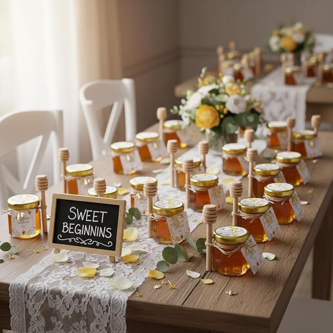 Adabocute 20 Pack Mini Honey Jars with Dipper - Perfect for Baby Shower Favors and Wedding Favors - Includes Bee Pendants Tags and Jute Bags - Gold Lid