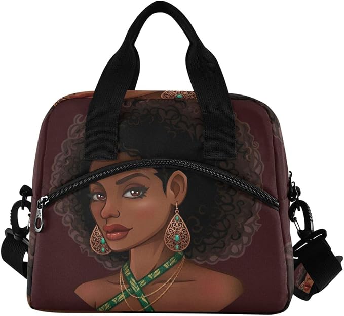 Reusable Lunch Bag for Girls Women,Beautiful African American Girl Lunch Box Container with Detachable Shoulder Strap,Insulated Lunch Coolers for School Office