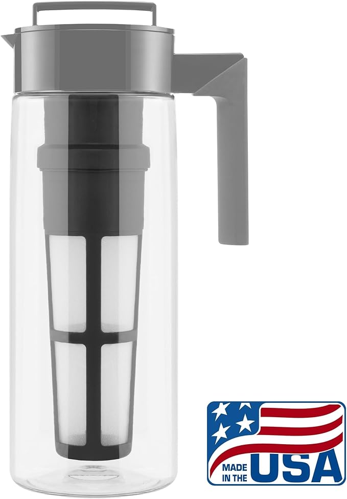Takeya Deluxe Cold Brew Coffee Maker - BPA-Free Tritan Pitcher with Airtight Leakproof Lid, Silicone Grip Handle, Fine-Mesh Filter - Shatter-Proof, Dishwasher Safe, Made in USA - 2 Quart/Stone