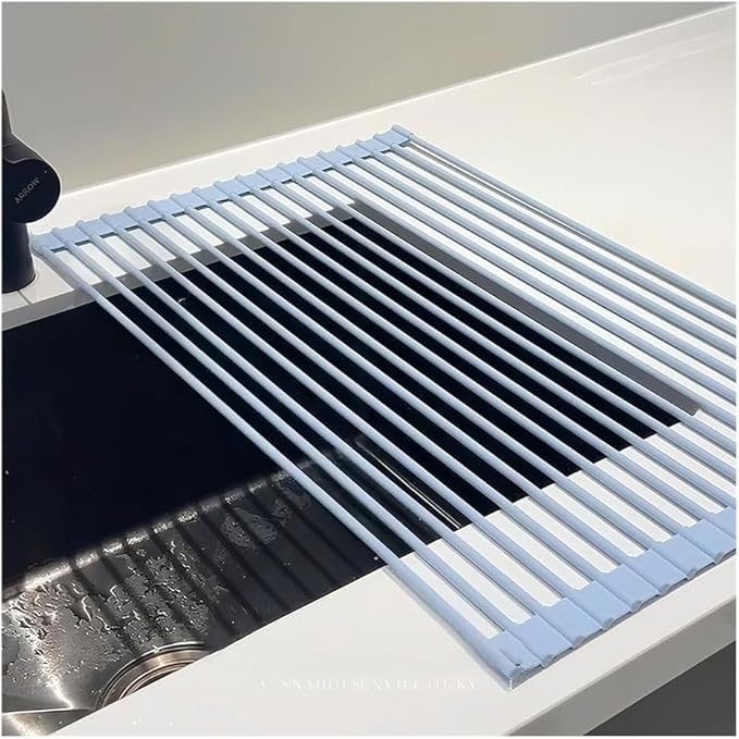 Roll Up Dish Drying Rack，Kitchen Silicone Wrapped Rolling Dish Drainer，Multipurpose Foldable Over The Sink Drying Mat, Heat-Resistant Anti-Slip Drainage Mat(Blue,52x33cm/20.5x13.0in)