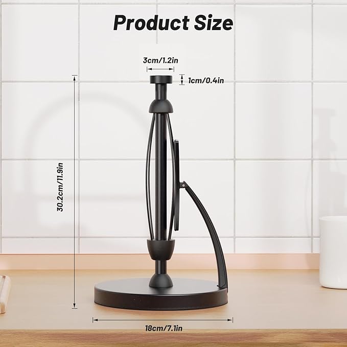 VEHHE Paper Towel Holder Countertop, One-Handed Tear, Stainless Steel, Stand Paper Towel Holder with Spring Activated Arm & Non Slip Weighted Base, for Kitchen Bathroom (Black)