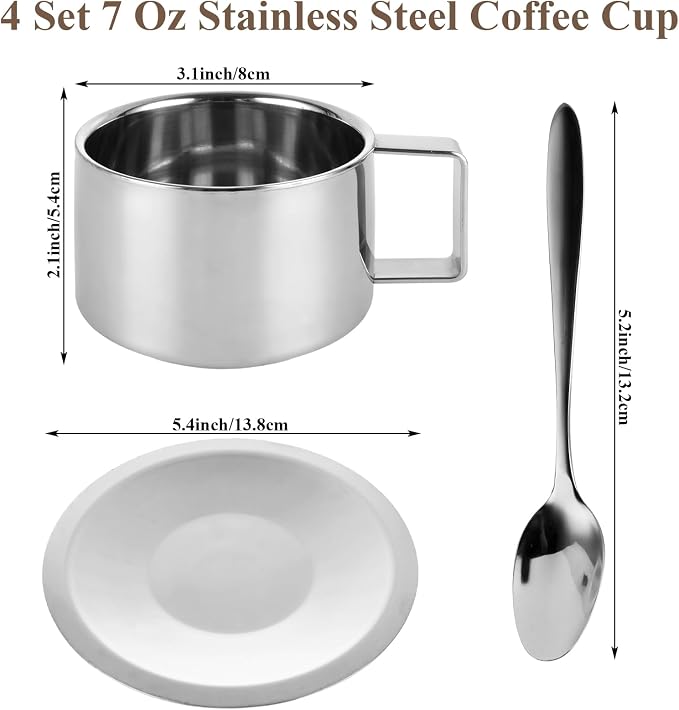 200 Ml/7 Oz Stainless Steel Espresso Cups Set of 4 Stainless Steel Coffee Mug with Saucer and Spoon Double Walled Mug Cup 7 Oz StainlessSteel Coffee Cup with Saucer for Latte, Milk, Tea