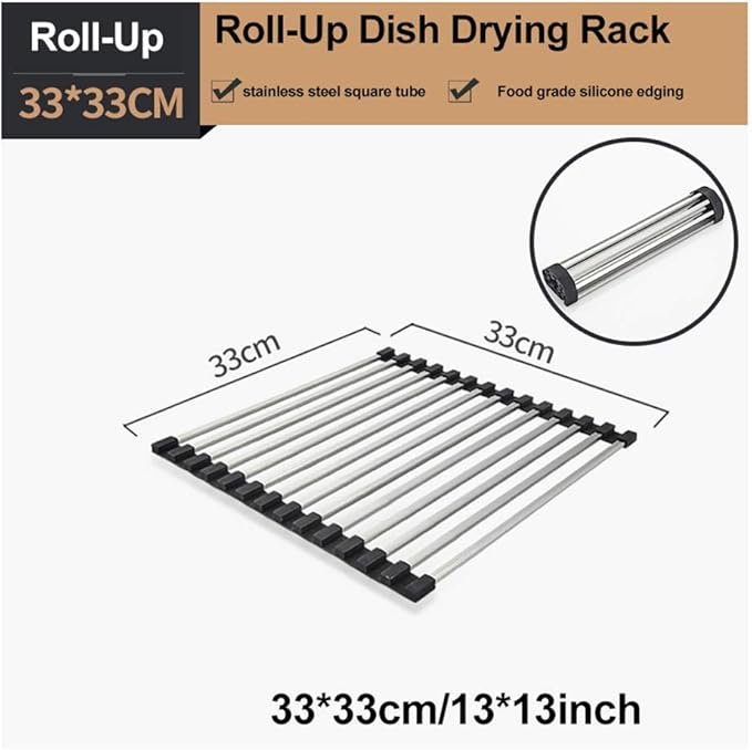 Roll Up Dish Drying Rack Over The Sink Dish Drying Rack Made of Stainless Steel and Silicone Coat Fruit and Vegetable Drying，for Kitchen Sink(33 * 33cm/13 * 13inch)