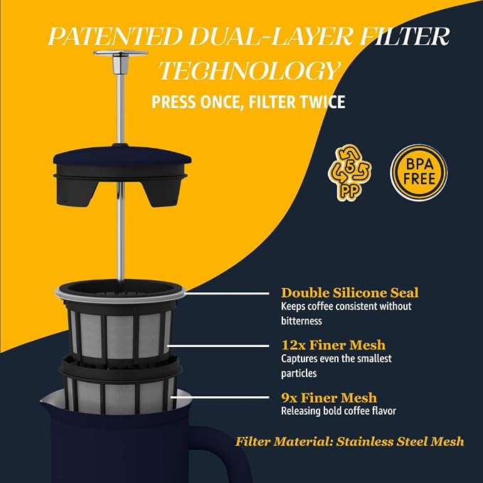 ESPRO Pro P7 French Press Stainless Steel 304 – Patented Double Walled Micro-Filter Insulated French Press Coffee Maker, Grit-Free Brew - Heat Resistant BPA Free - Agean Blue, 18oz