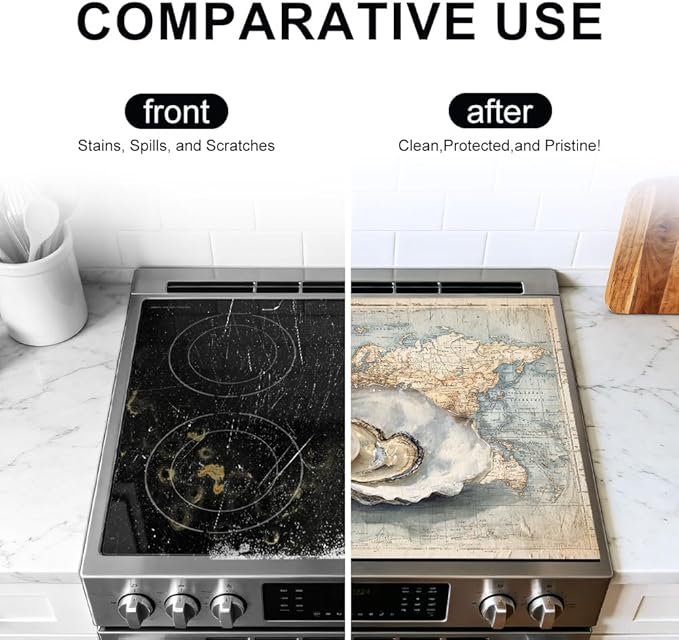 Stove Top Cover for Electric Stove 28.4 x 20.5 Inch Non Slip Stove Mat Oil Proof World Map Oyster Glass Cooktop Protector Kitchen Mat