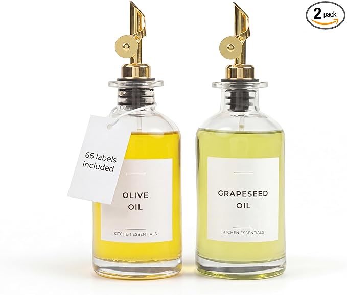 Spaceneat Oil Dispenser for Kitchen - Glass Olive Oil Bottle Set of 2 (11.8oz) with Gold Weighted Self-Closing Pourer - Cooking Oil Dispenser with 66 Labels, Aligner & Funnel