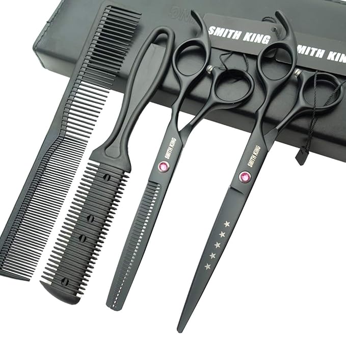 7.0 Inches Hair Cutting Scissors Set with Combs Lether Scissors Case,Hair cutting shears Hair Thinning shears For Personal and Professional (Black)